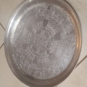 Vintage Hand Wrought Aluminum Platter Tray Rose Design